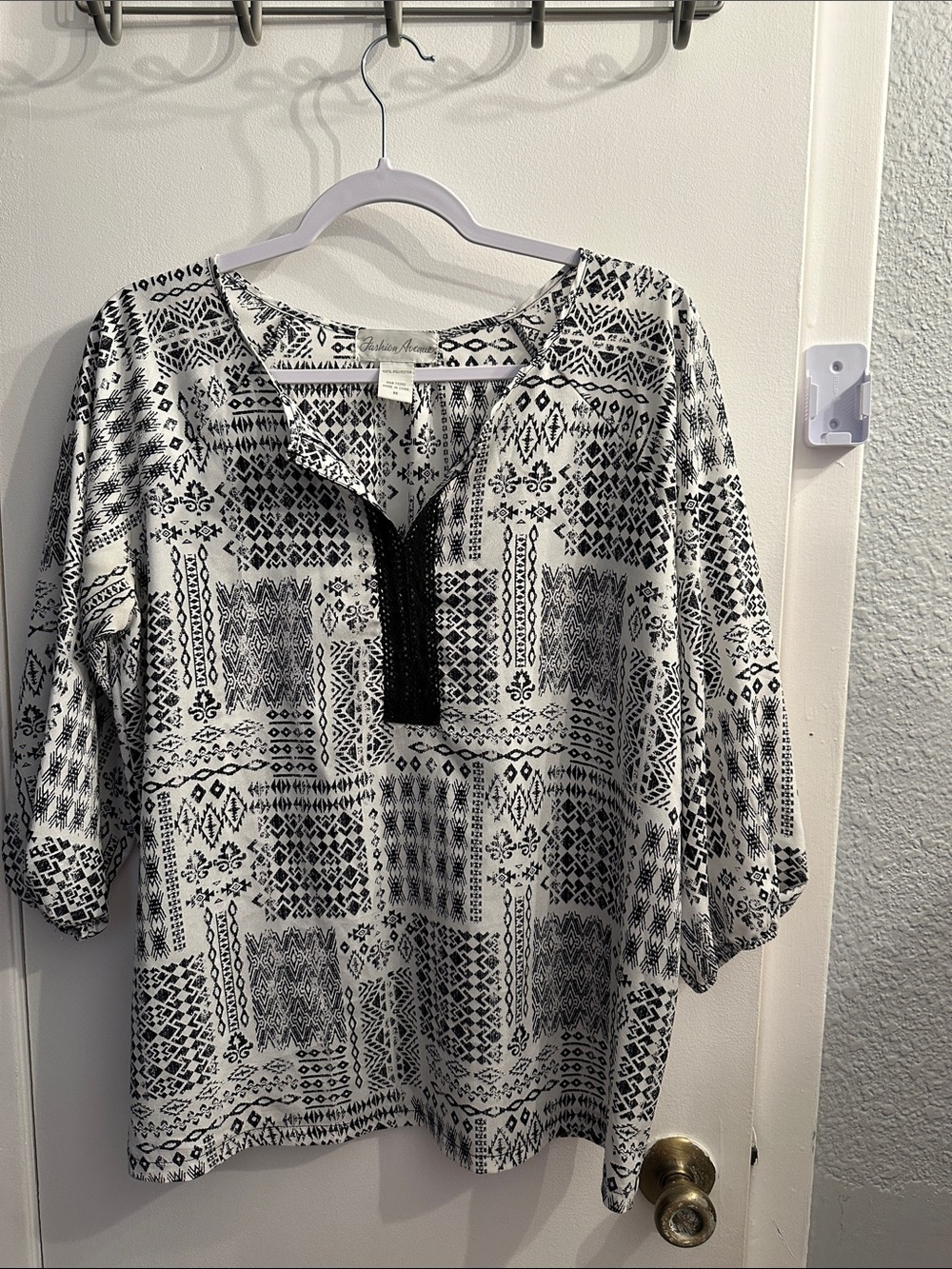Black & White Patterned V-Neck Women’s Top with Embellished Trim